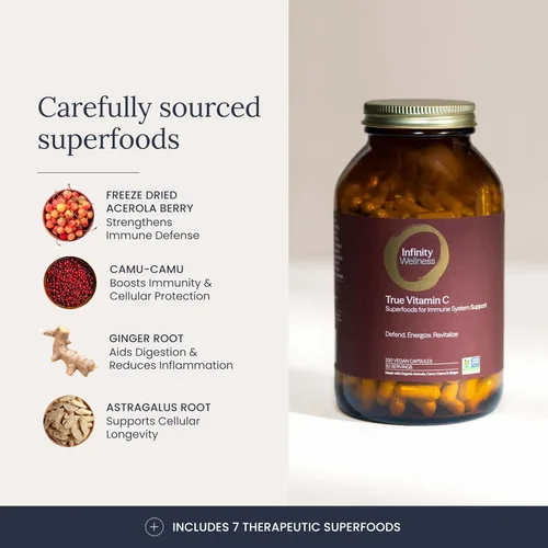 Vista 3 de Infinity-C Cápsulas orgánicas de vitamina C, VIT C biodisponibles de Acerola, Camu Camu y Amla, alimentos integrales de vitamina C de 1000 mg