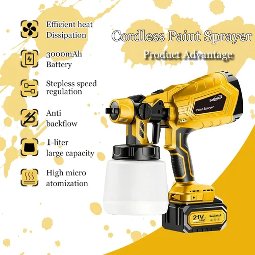 Vista 2 de Pulverizador de pintura inalámbrico con 2 baterías y cargador, HVLP 700W Includes 2 batteries & charger, 700W motor, 4 brass nozzles, 3 patterns