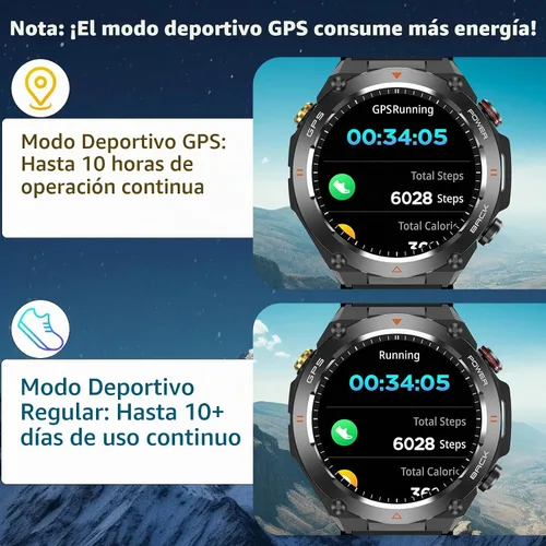 Vista 3 de Reloj inteligente militar con GPS, presión/altitud/brújula, reloj inteligente resistente para hombres con batería extragrande de 650 mAh