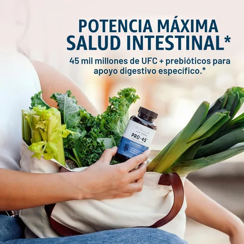 Vista 9 de Fórmula probiótica de grado clínico PRO45: 45 mil millones de UFC, 11 cepas patentadas Libre de lácteos. Cápsulas vegetarianas de liberación
