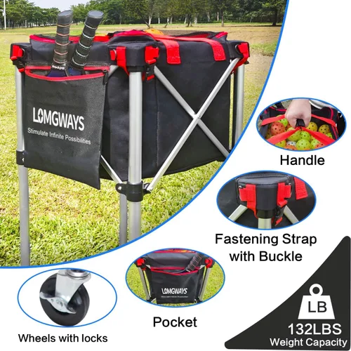 Vista 4 de Pickleball Tennis Ball Hopper-Foldable Lightweight Tennis Cart Holds 180 Tennis/160 Pickleballs with Removable Bag,Wheels,Side Pocket for