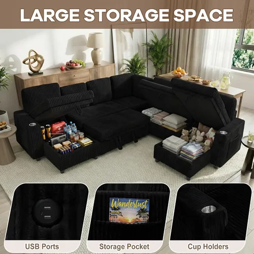 Vista 6 de Sofá cama modular de 103.5 pulgadas con cama extraíble, sofá de gran tamaño con almacenamiento, sofá modular para sala de estar, color beige Negro