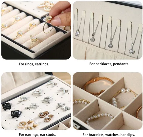 Vista 3 de NuAngela Organizador grande para mujeres y niñas estuche de almacenamiento de joyas de 2 capas soporte de joyería de piel sintética con bandeja