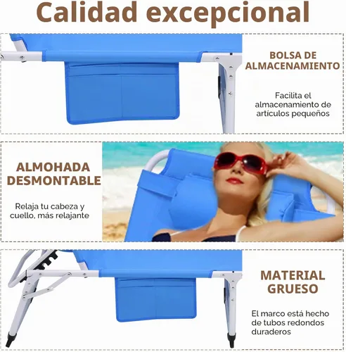 Vista 6 de Silla de bronceado resistente 3 en 1 con orificio para la cara, ajustable de 5 posiciones, sillas tumbonas plegables portátiles que se reclinan Azul