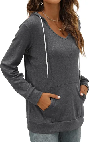Vista 3 de Saloogoe Sudaderas con capucha con bolsillo tipo canguro para mujer, cuello en V, ligeras, manga larga