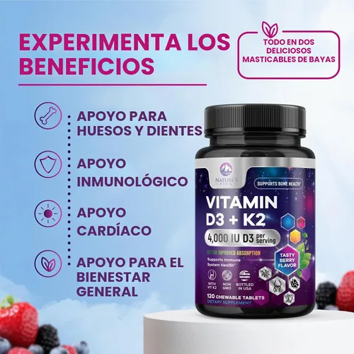 Vista 5 de Vitamina D3 K2-4000 UI Vitamina D3 y 200 mcg Vitamina K2 MK-7 – Apoyo a la salud ósea, corazón e inmune – Absorción de calcio – D3K2 sabor a bayas