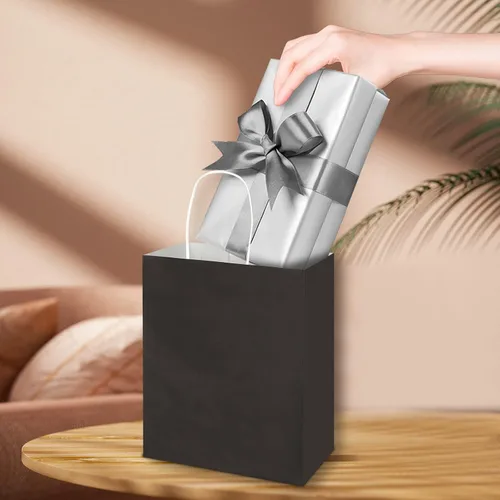Vista 6 de Toovip - Paquete de 50 bolsas de papel kraft negro mediano de 8"x4.75"x10" con asas a granel, bolsas de papel para envolver regalos para recuerdos