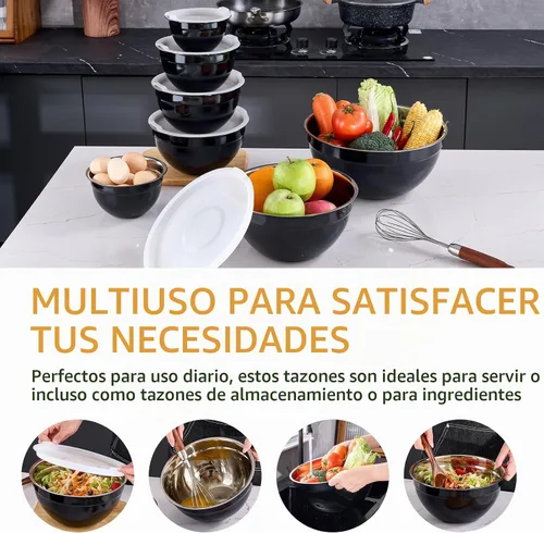 Vista 5 de Cuencos Negros para Mezclar con Tapas Herméticas, Cuenco de Acero Inoxidable, Cuencos para Ensalada de 7 Piezas, Cuencos Anidables Coloridos Negros