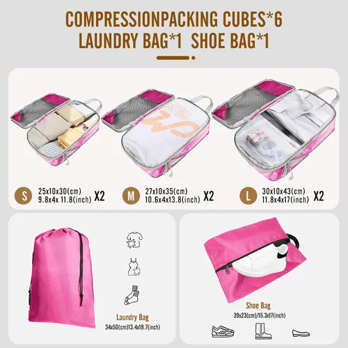Vista 2 de Juego de 8 cubos de compresión para viajes, organizador de equipaje expandible con bolsa para zapatos y bolsa de lavandería, maleta ligera y mochila