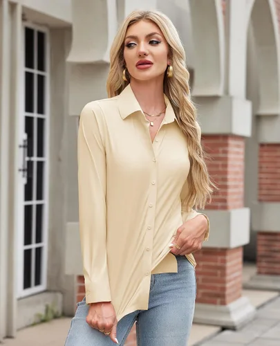 Vista 5 de siliteelon Camisa de manga larga con botones para mujer, estilo casual, para el trabajo, con elástico en 4 direcciones, sin arrugas Beige