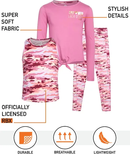 Vista 2 de RBX Girls' Active Pants Set - 3 Piece Long Sleeve Shirt, Tank Top, and Leggings (7-16)