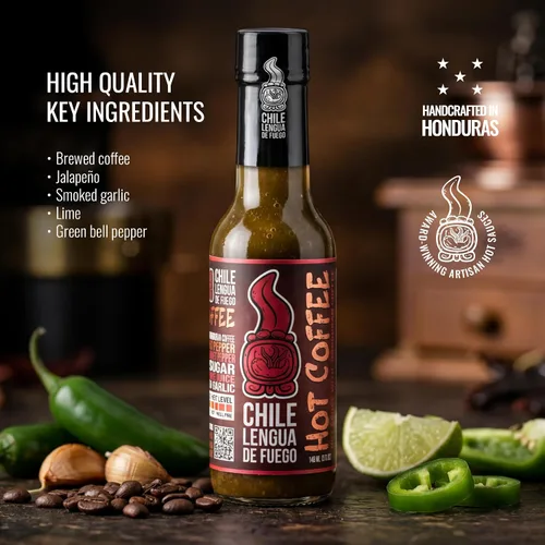 Vista 3 de Chile Lengua de Fuego Café caliente – Salsa picante jalapeño infundida con café, sabor ahumado tostado oscuro, calor suave, botella de 5 onzas