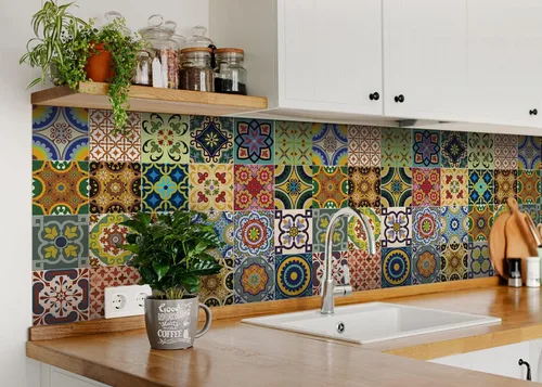 Vista 3 de Juego de 24 calcomanías para azulejos de salpicaduras en muro, azulejos tradicionales de Talavera, calcomanías para azulejos de baño y cocina