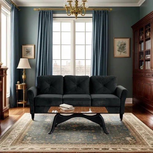 Vista 12 de Harper & Bright Designs Sofá individual tapizado de terciopelo con respaldo copetudo con botones, sillón moderno para sala de estar, color negro