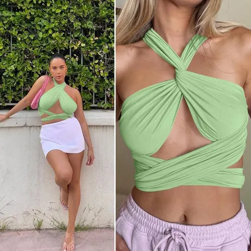 Vista 6 de ZAFUL - Ombliguera cruzada estilo halter de tejido acanalado para mujer camiseta sin mangas tipo con diseño fruncido y con lazos