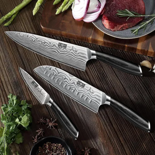 Vista 6 de HOSHANHO Juego de 3 piezas de cuchillos, juego de cuchillos de cocina profesional de acero en polvo de alto carbono, juego de cuchillos ultra