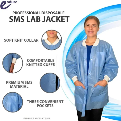 Vista 2 de Endure Lab - Chaqueta desechable, longitud de cintura o cadera, cuello de punto y puños de punto, material SMS, diseño transpirable, caja de 10