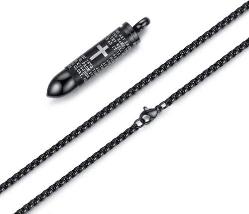 Vista 3 de Moniya - Collar con dije de acero inoxidable con forma de bala como urna para cenizas y oración estampada en inglés cadena de 22 pulgadas