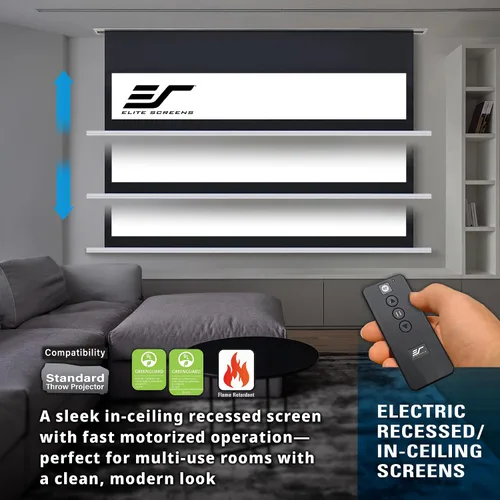 Vista 3 de Elite Screens Pantalla de proyector motorizada vertical ajustable empotrada en el techo, 110 pulgadas con caída adicional de 12 pulgadas, fibra