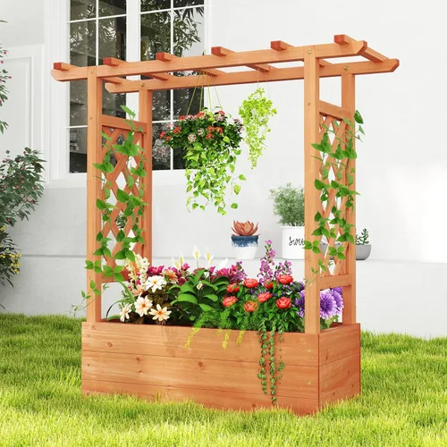 Vista 10 de HAPPYGRILL Cama de jardín elevada con enrejado y techo colgante