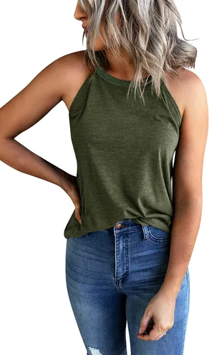 Vista 2 de Camiseta sin mangas para mujer, cuello alto, sin mangas, con espalda cruzada, estilo casual Verde militar