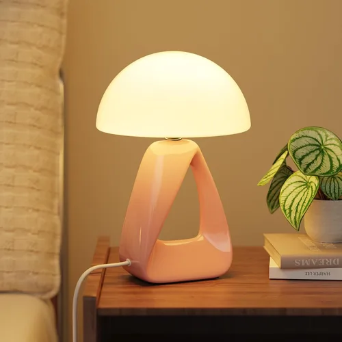 Vista 12 de Lámpara de hongo, pequeña lámpara de mesa para dormitorio, lámpara de noche creativa geométrica con base de cerámica, lámpara de mesa auxiliar