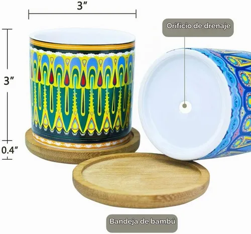 Vista 2 de Maceta de mandala para suculentas con orificio de drenaje y posavasos de bambú, macetas pequeñas, maceta de cerámica bohemia para plantas pequeñas A
