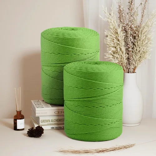 Vista 4 de ZUEXT Cordón de algodón para macramé de 4 mm x 500 m, ZUEXT Cordones trenzados naturales hechos a mano en verde manzana de 4 hebras, cuerda de lana