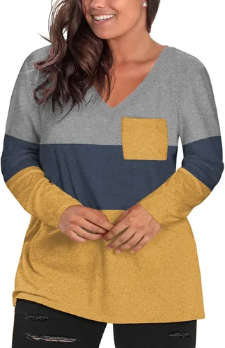 Vista 2 de DOLNINE Camisetas de manga larga con cuello en V para mujer, estilo casual, con bolsillo