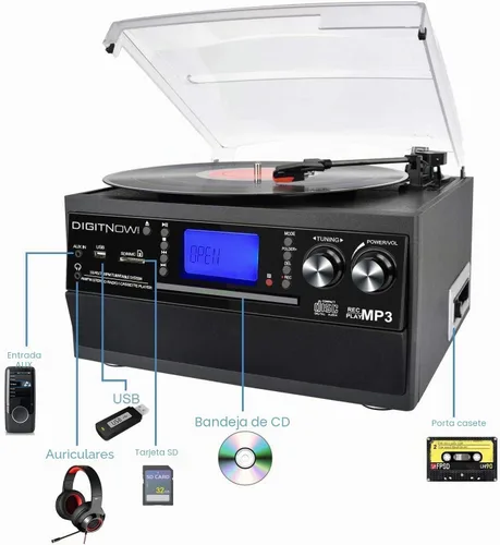 Vista 7 de FEKTIK Tocadiscos Bluetooth 10 en 1 con altavoz incorporado, reproductor de discos de vinilo, casete de CD y radio FM, AUX en USB grabación MP3 Negro