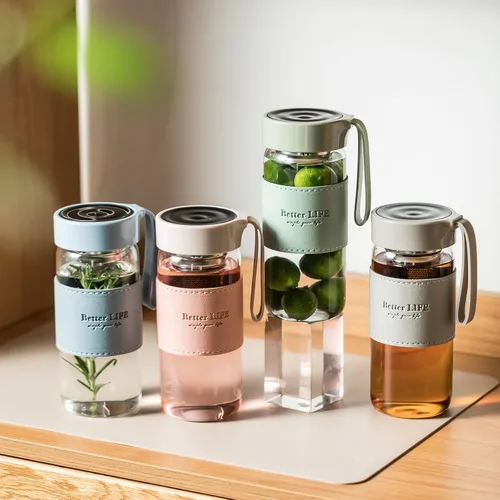Vista 3 de Botella de Té de Vidrio de 16 oz Botella para Beber con Funda Antideslizante, e Infusor de Té de Acero Inoxidable, Tapa a Prueba de Fugas, Botella