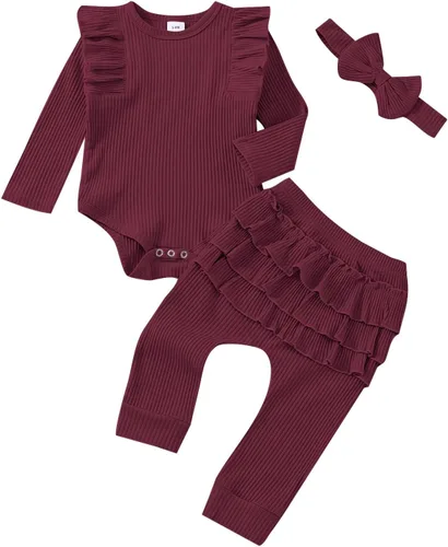 Vista 10 de Ropa de bebé para niña recién nacida, conjunto de trajes de otoño e invierno, mameluco de manga larga con volantes acanalados, juego de 3 piezas