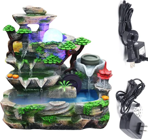 Vista 13 de Mini fuente artificial de mesa de roca con función de niebla de cascada de árbol bonsái