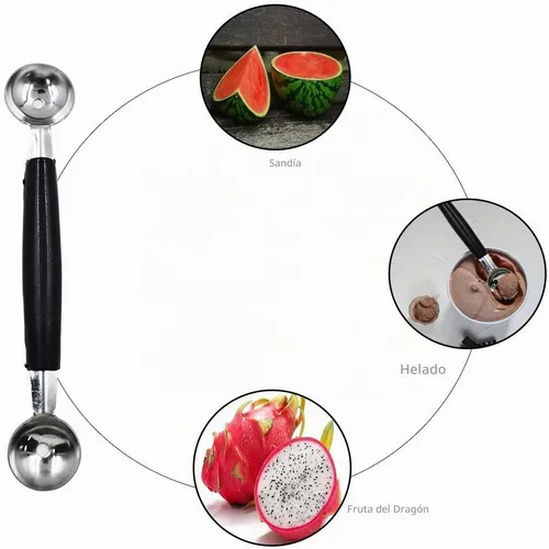 Vista 2 de Paquete de 2 cucharas de bola de helado de frutas de doble extremo, bola de melón de acero inoxidable, bolas de melón redondas lisas para sandía