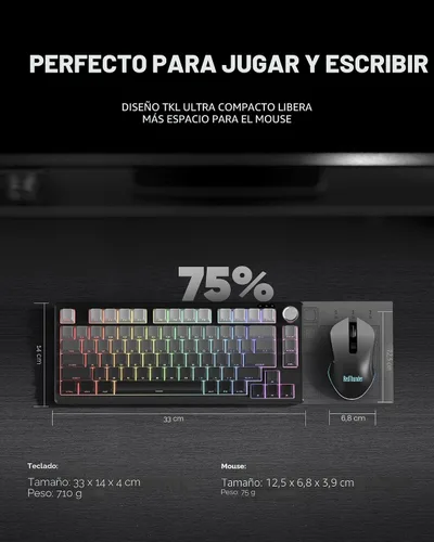 Vista 5 de RedThunder K75 Combo de teclado y mouse inalámbricos, teclado de membrana grabado lateral del 75%, mouse óptico para juegos con 4800 DPI, 3 modos