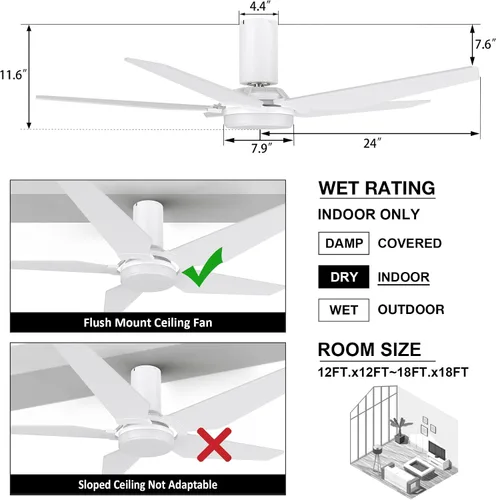 Vista 2 de SMAAIR Ventiladores de techo de montaje empotrado con luces y control remoto, 5 cuchillas de madera contrachapada tallada, motor BLDC silencioso