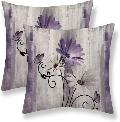 Vista 10 de Juego de 2 fundas de almohada florales de color salvia de 16 x 16 pulgadas, fundas de almohada decorativas con flores de margarita y mariposas