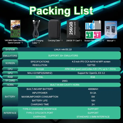 Vista 7 de RegiisJoy Nueva consola de juegos portátil V40 Max 2025, 40000 juegos, pantalla IPS de 4 pulgadas, consola de juegos retro, 256G 4000 mAh, mini