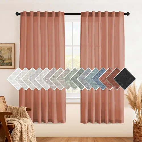 Vista 18 de H.VERSAILTEX Cortinas de lino natural de 63 pulgadas de largo para sala de estar, 2 paneles con trabillas traseras y bolsillo, texturizadas