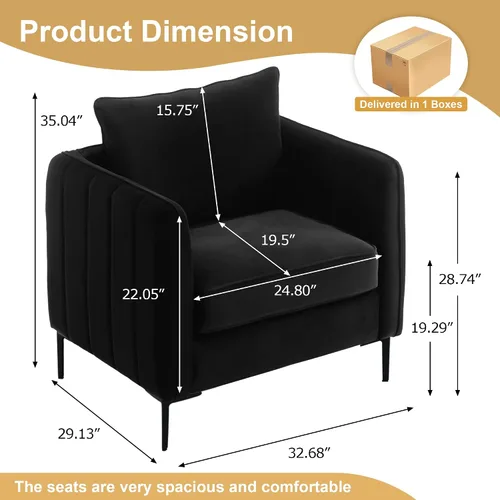 Vista 3 de Sillas de Acento de Terciopelo Negro para Sala de Estar, Silla de Acento Moderna Tapizada Cómodo Sillón de Terciopelo con Cojín Grueso y Marco