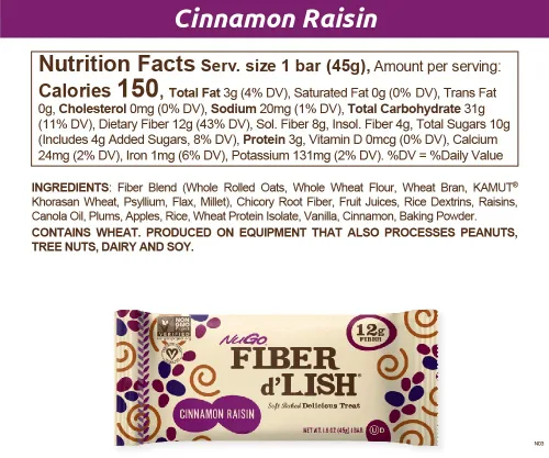 Vista 2 de NuGo Fiber d'Lish Canela y Pasas, 12g de Fibra Alta, Vegano, 150 Calorías, 16