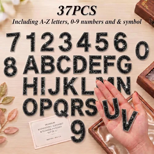 Vista 2 de WILLBOND - 37 piezas de calcomanías de letras con strass grandes, alfabeto de purpurina, número de cristal, calcomanías brillantes autoadhesivas
