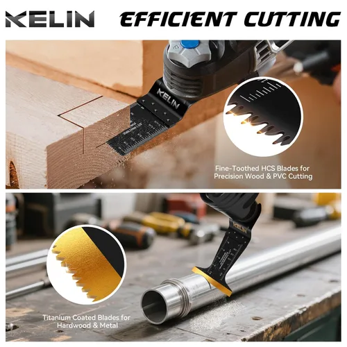 Vista 2 de KELIN Kit de 116 cuchillas oscilantes multiherramienta, 4 tipos de hojas de sierra de titanio para madera, metal, paneles de yeso, tuberías, se