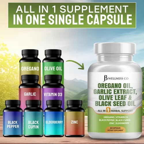 Vista 6 de JB Wellness Aceite de orégano, extracto de ajo, hoja de olivo, con astrágalo, suplemento de apoyo inmunológico y salud digestiva para mujeres