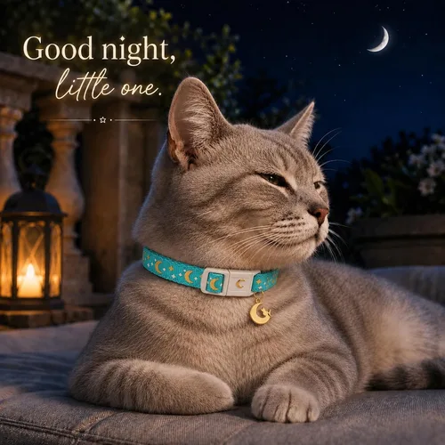 Vista 3 de waaag - Collar de seguridad para gato, con diseño de lunas y estrellas doradas, brilla en la oscuridad