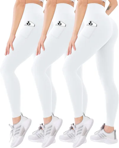 Vista 8 de Blisset - Paquete de 3 leggings de cintura alta para mujer con bolsillos, pantalones suaves y activos para control de abdomen, ideales para yoga