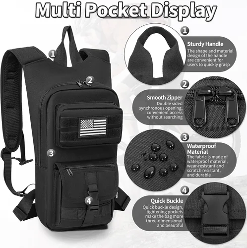 Vista 8 de Mochila de hidratación, táctica Molle Water con vejiga de agua de TPU de 2 L, para hombres y mujeres, mochila de agua ligera, paquete de hidratación