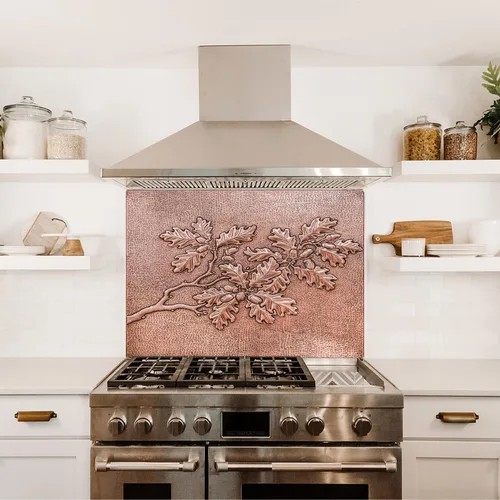 Vista 4 de Protector contra salpicaduras de cocina, ramas de roble y bellotas de cobre, panel de cobre personalizado, azulejos de cobre hechos a mano