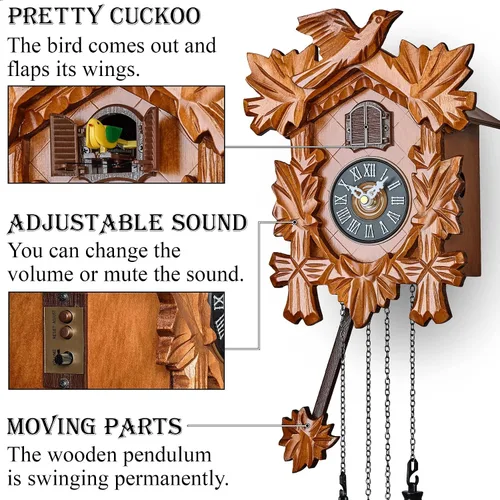 Vista 3 de TIMEGEAR Reloj de cuco pequeño con modo nocturno, pájaro tallado a mano y péndulo oscilante (cereza)