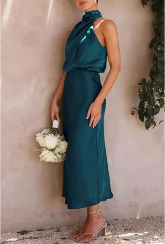 Vista 3 de Bydezcon Women Satin Cocktail Dress Date Night Dresses Long Satin Dress Mock Neck Wedding Guest Party Formal Prom Dress